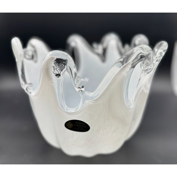 Handmade Italian White Cristal Art Glass Bowl With Waved Rim Design 9"D x 7"H - Picture 4 of 7